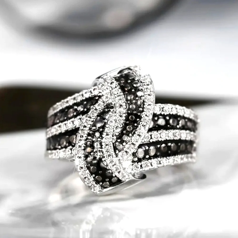 925 Sterling Silver Mosaic Style Black & Silver Women's Cocktail Ring SIZE 8 - Picture 2 of 4